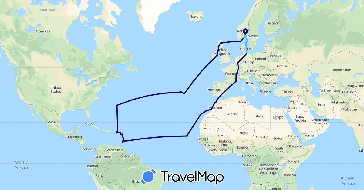 TravelMap itinerary: driving, boat in Antigua and Barbuda, Barbados, Belgium, Bermuda, Cape Verde, Germany, Denmark, Dominica, Spain, France, United Kingdom, Grenada, Gibraltar, Ireland, Saint Kitts and Nevis, Saint Lucia, Morocco, Montserrat, Norway, Portugal, Sweden, United States, Saint Vincent and the Grenadines, British Virgin Islands (Africa, Europe, North America)